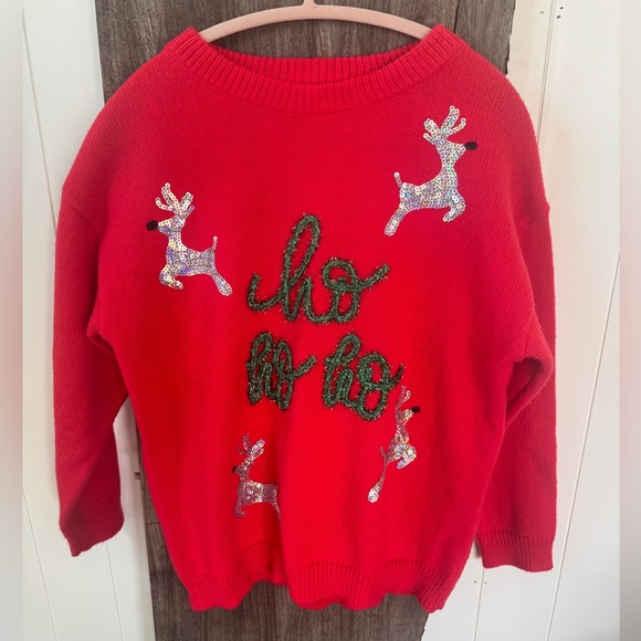 BIBI Red Christmas Holiday Crew Neck Sweater Ho Ho Ho and sequined Reindeers - Picture 1 of 6
